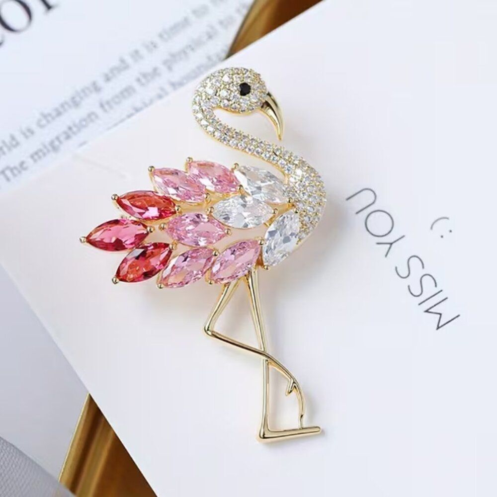 Flamingo Brooch Pin Pink & Clear Rhinestones & Crystals Delicate Animal Bird Pin